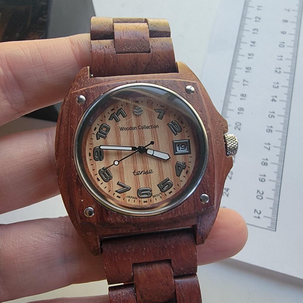 Tense Mens Watch Beige Dial Brown Wood Bracelet Silver Bezel Date Quartz Analog